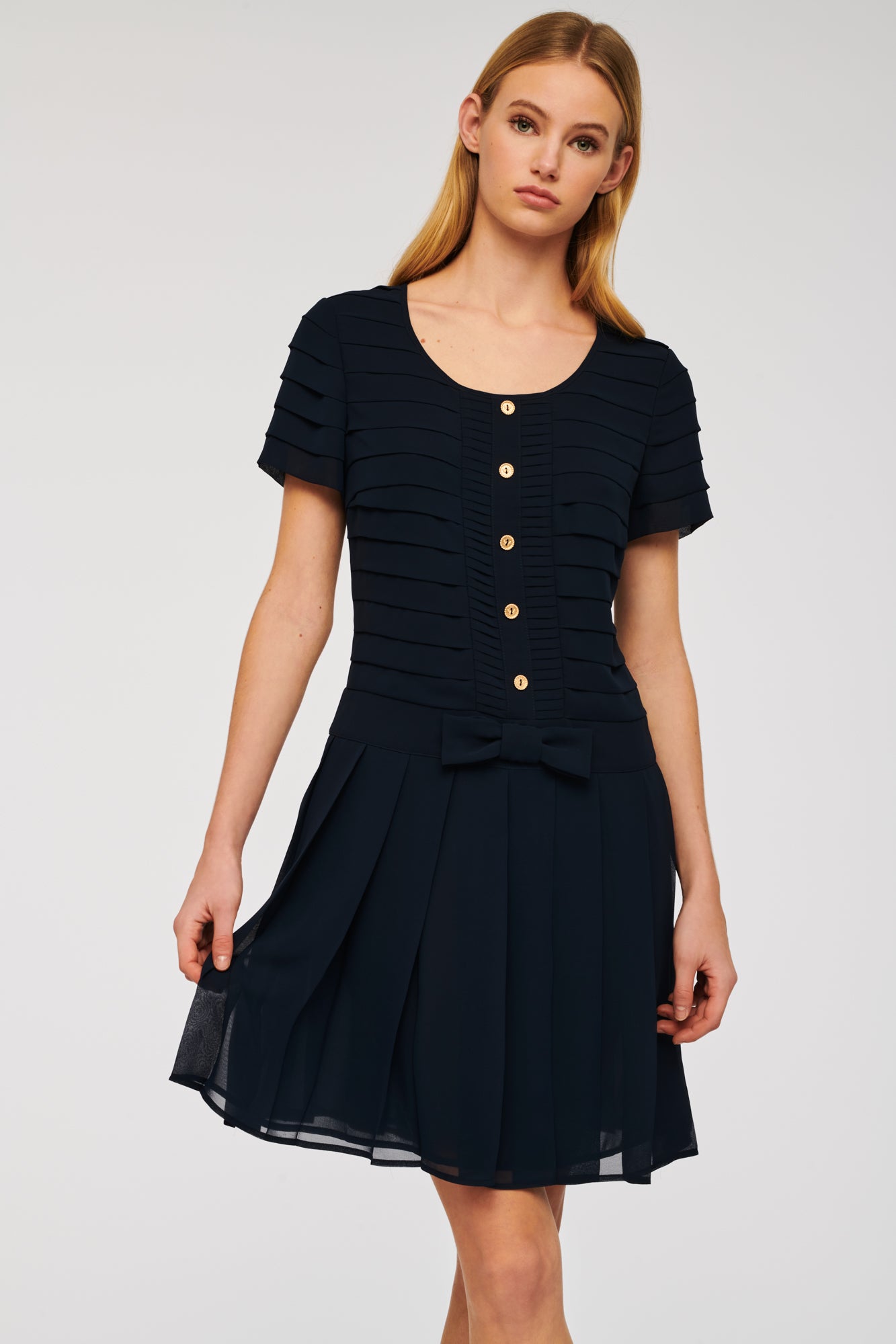 Navy pleated cocktail dress 
