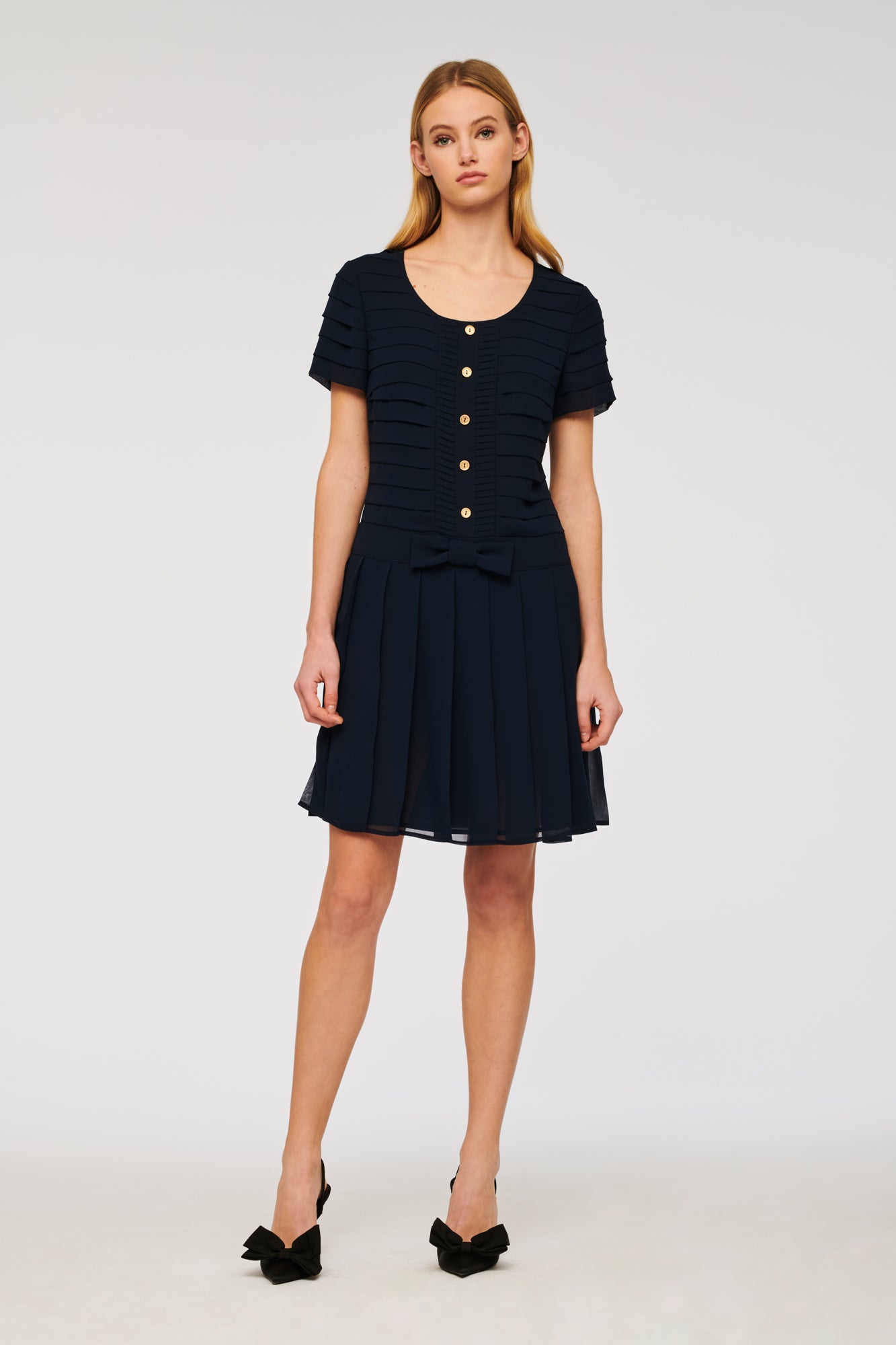 Navy pleated cocktail dress 