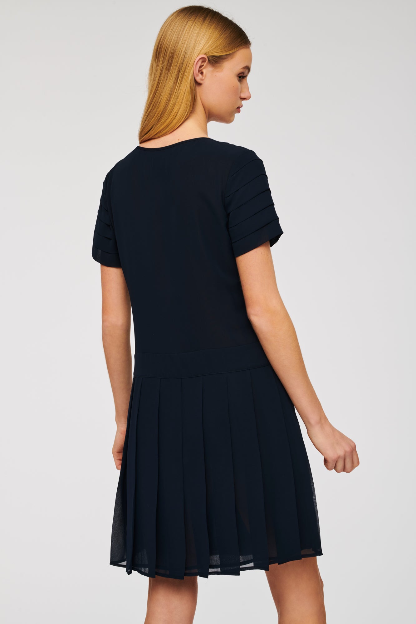 Navy pleated cocktail dress 