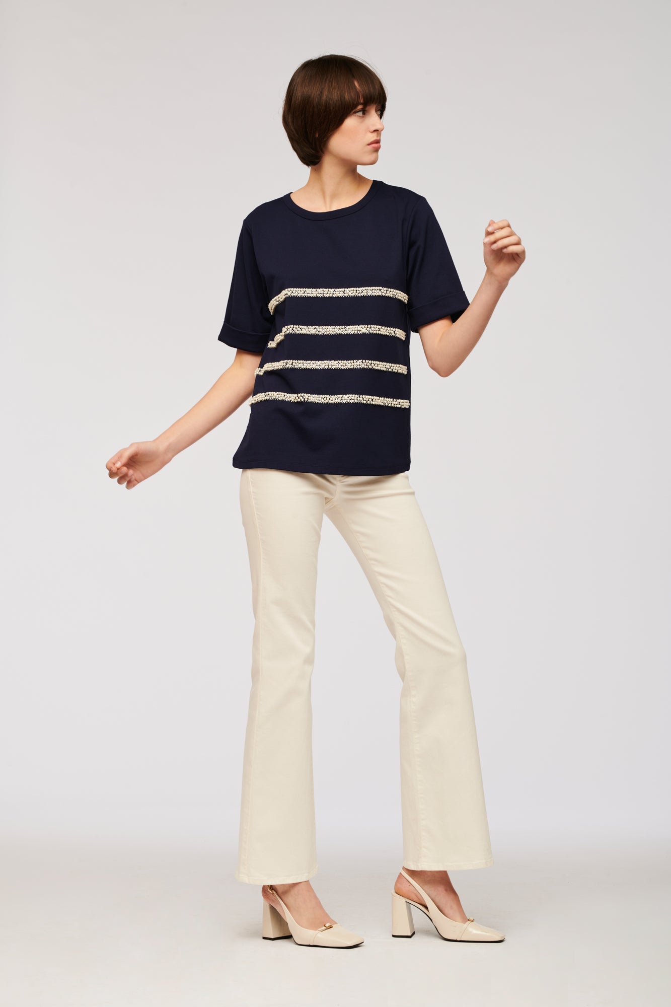Tailleur Jupe Et Veste Blazer WEILL 38/40, Coton Blanc Rayé Bleu Marine, Occasion Très Bon état