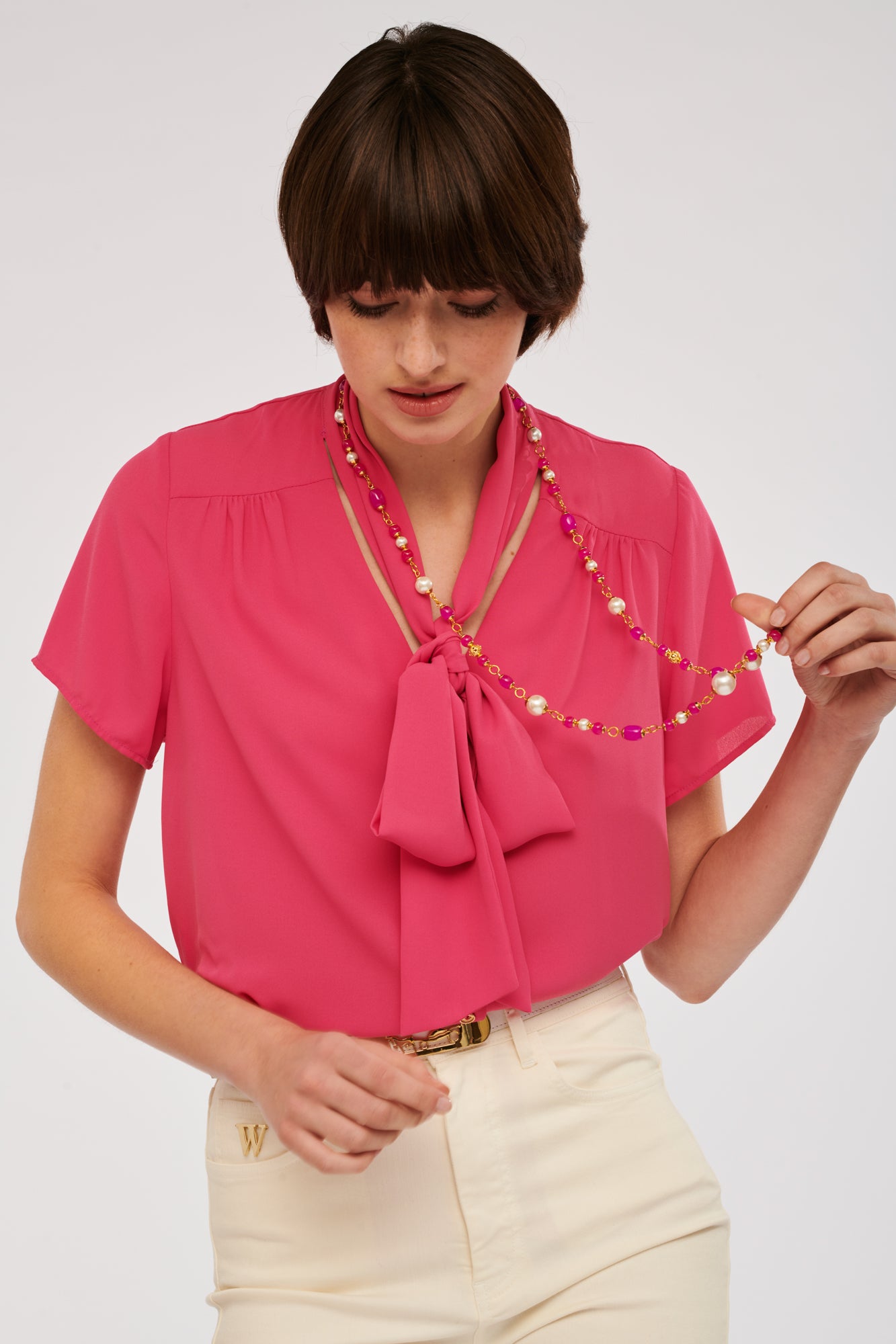 Chain and pearl long necklace