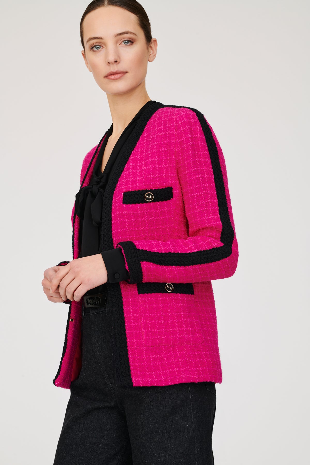 Veste longue en tweed à galon