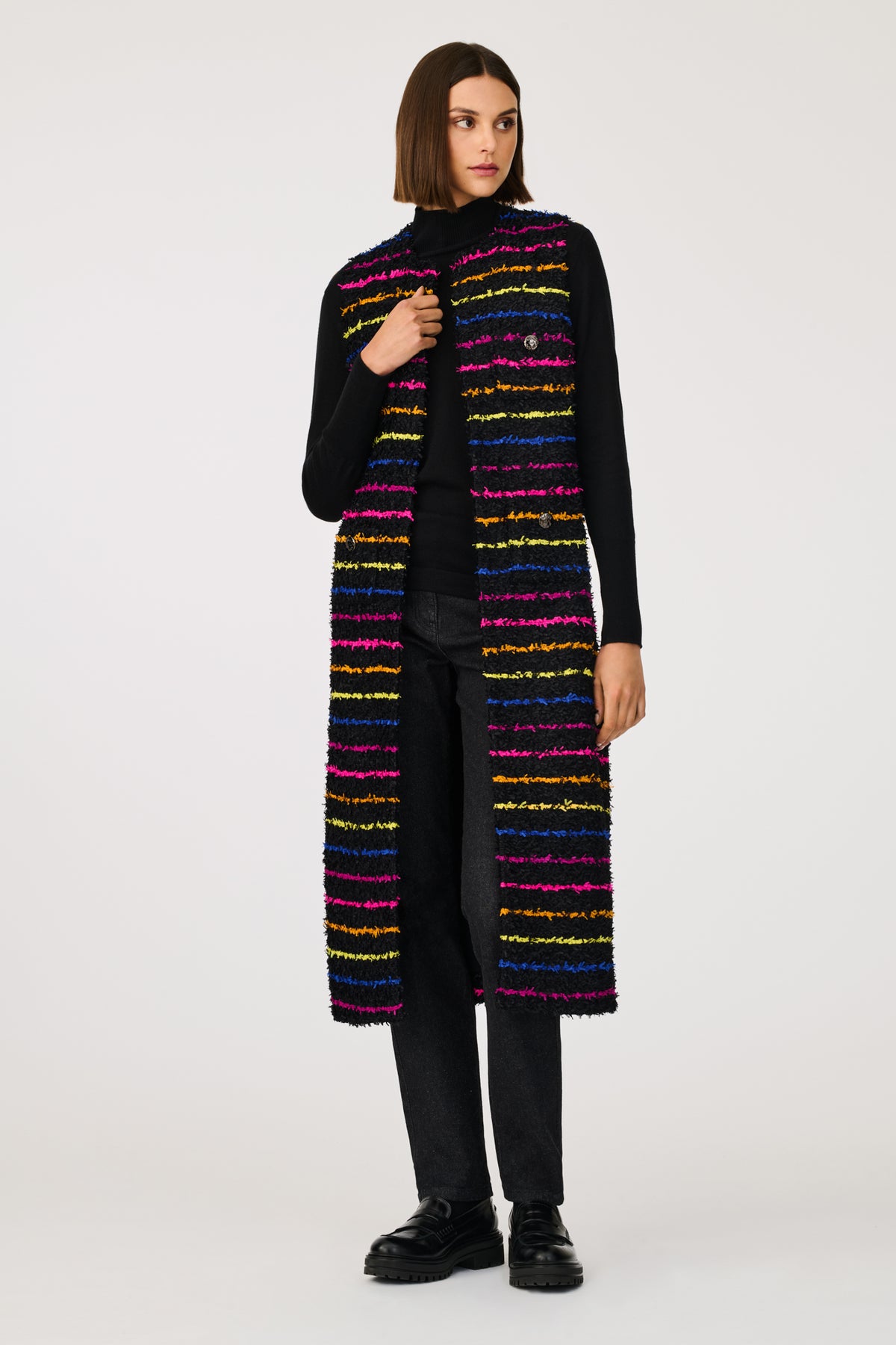 Veste longue cardigan sans manche en tweed à rayures multico
