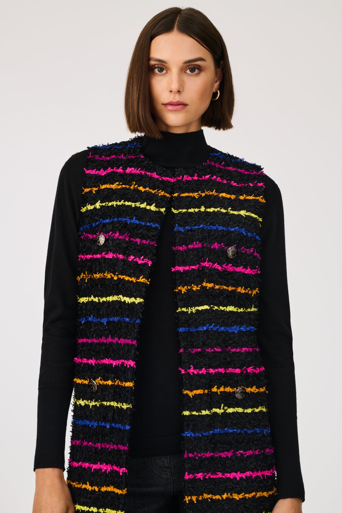 Veste longue cardigan sans manche en tweed à rayures multico