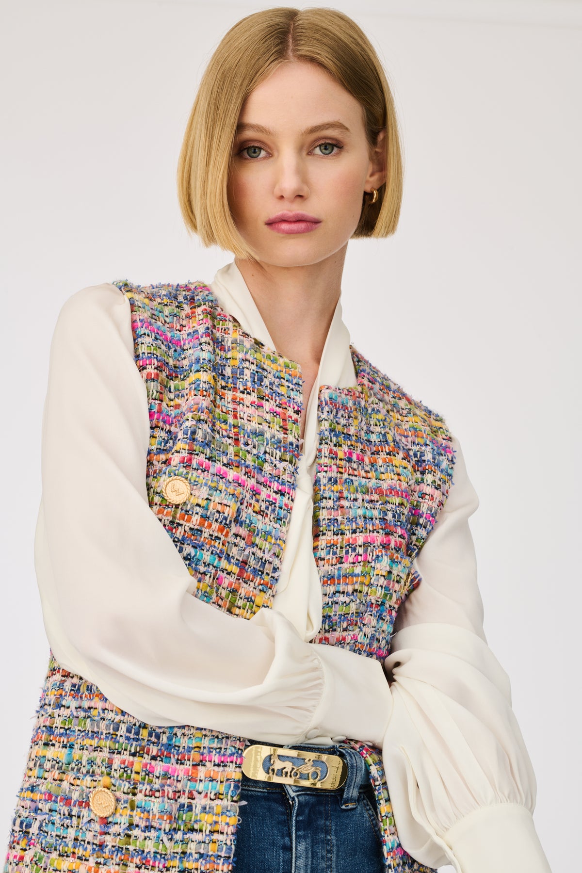 Long sleeveless cardigan jacket in fancy tweed