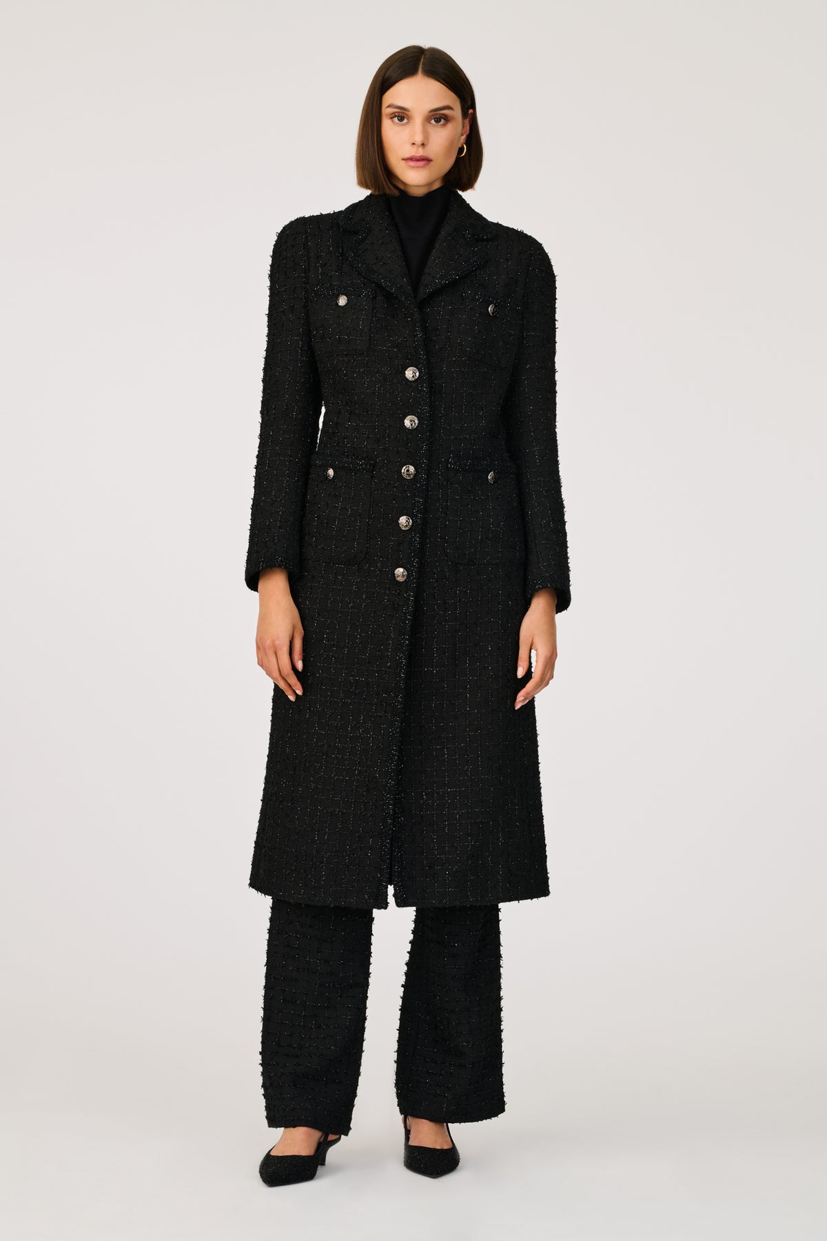 Long tweed coat with braid
