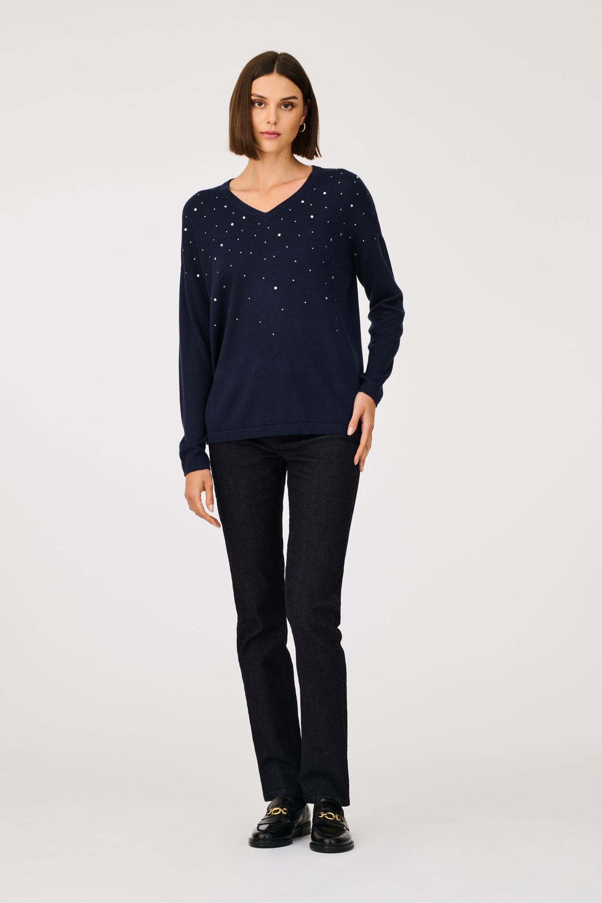 V-neck jumper with rhinestones