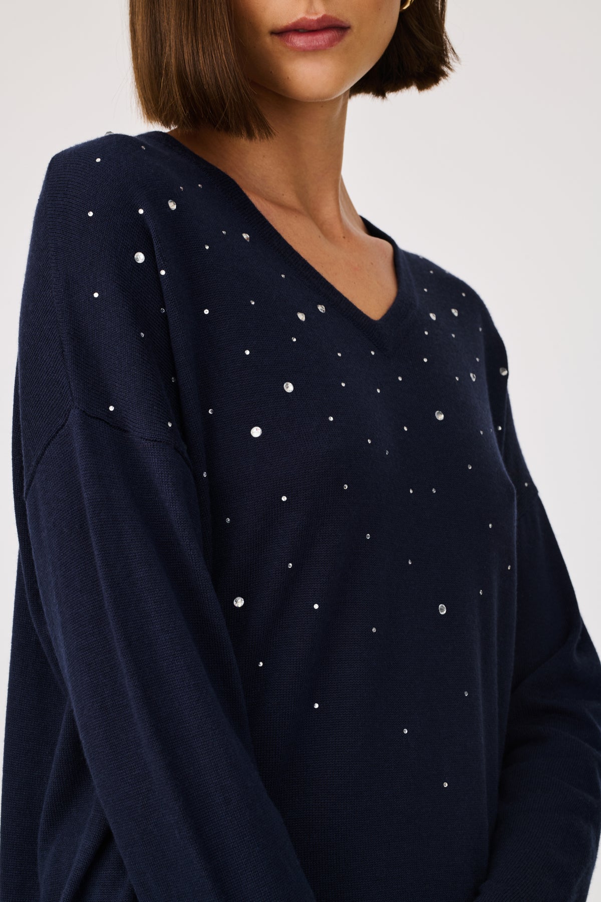 V-neck jumper with rhinestones