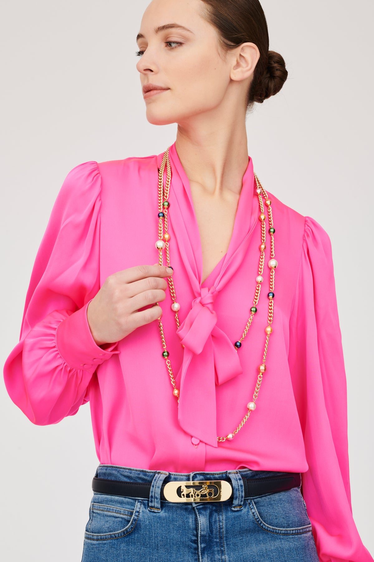 Double long necklace with coloured pearls
