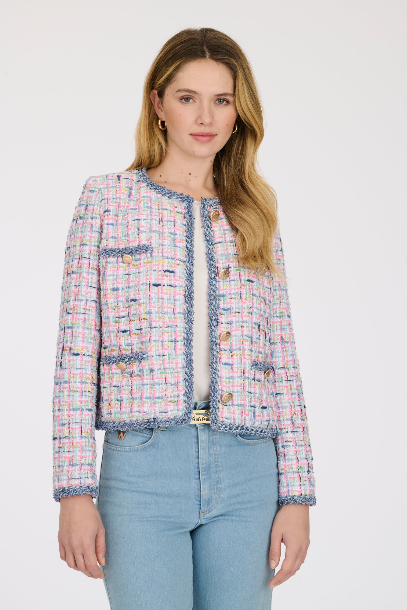 Tweed jacket with denim effect trim