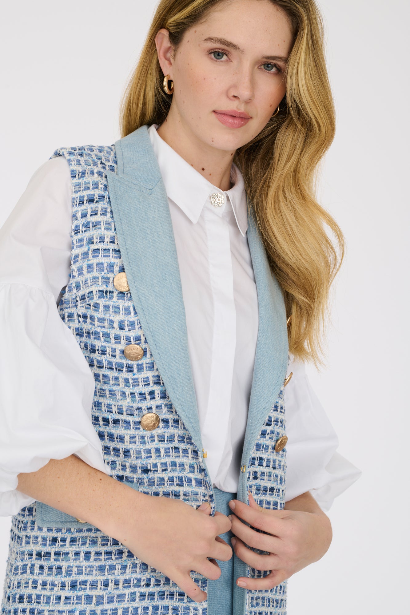 Long denim effect tweed jacket