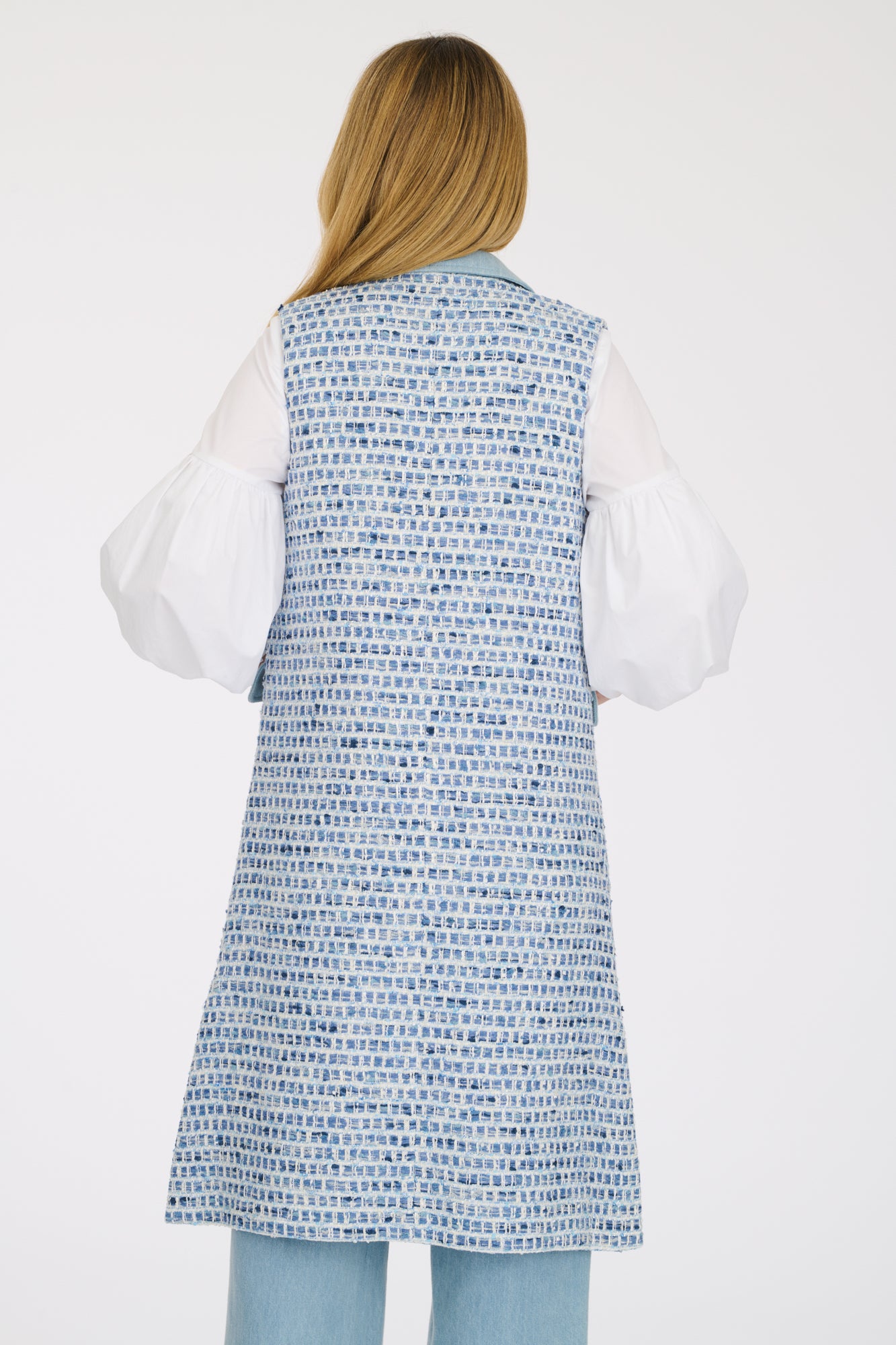 Long denim effect tweed jacket