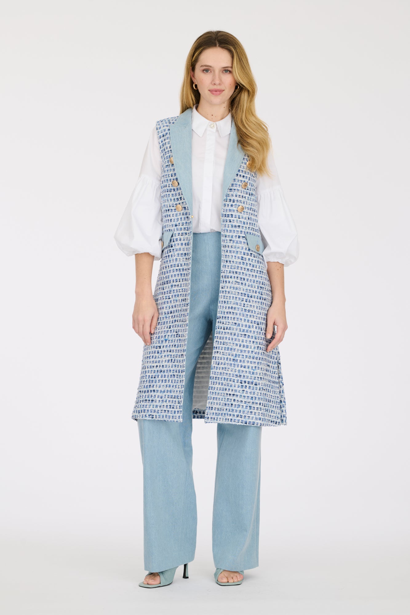 Long denim effect tweed jacket