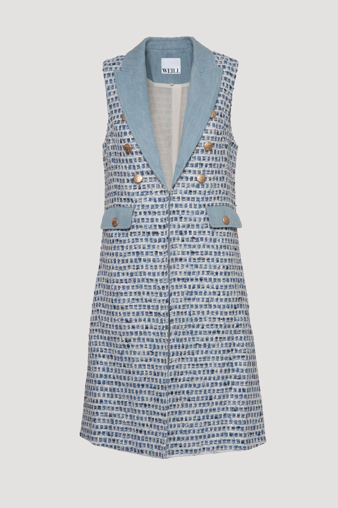 Long denim effect tweed jacket