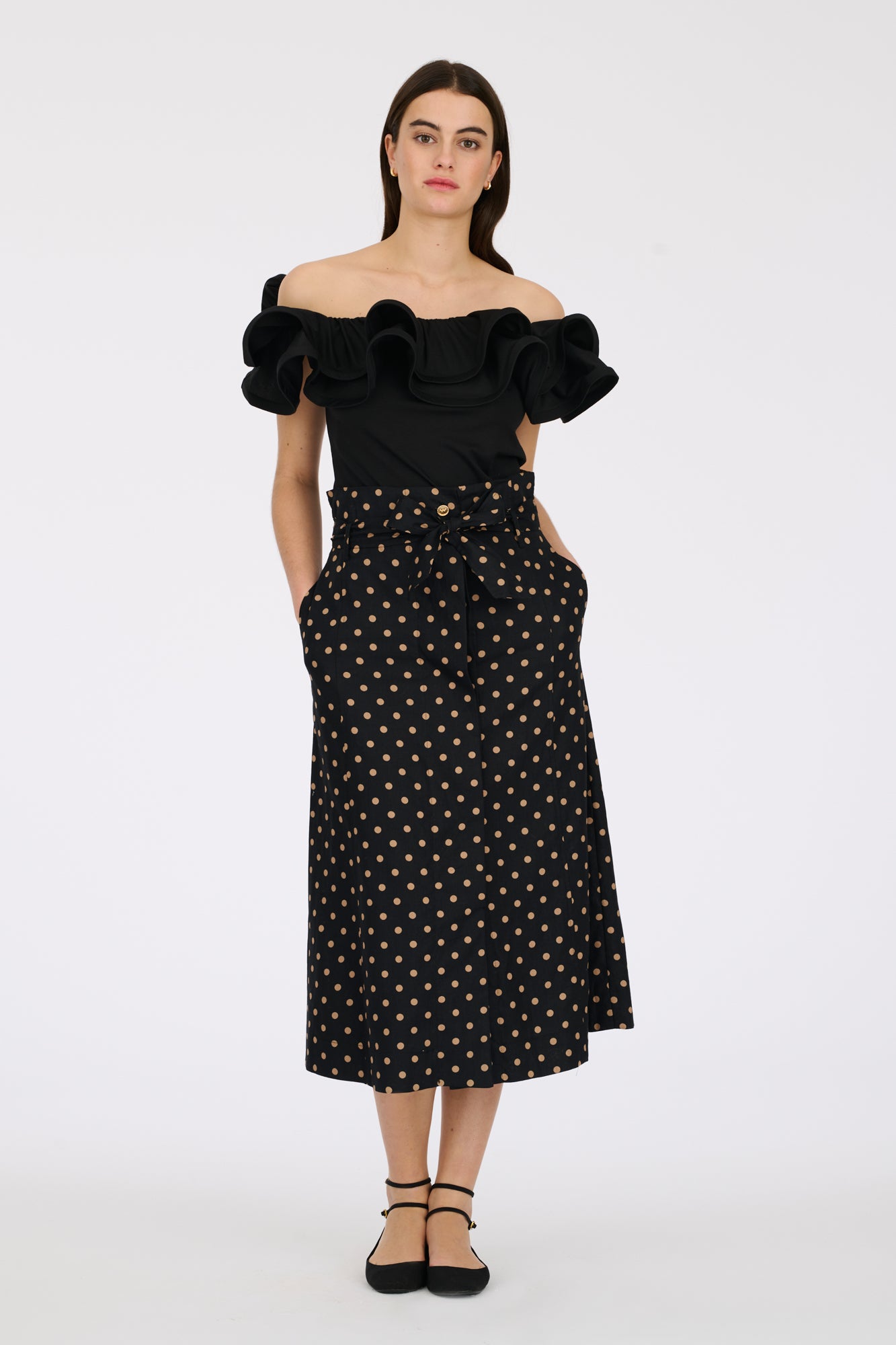 Long linen skirt with polka dots