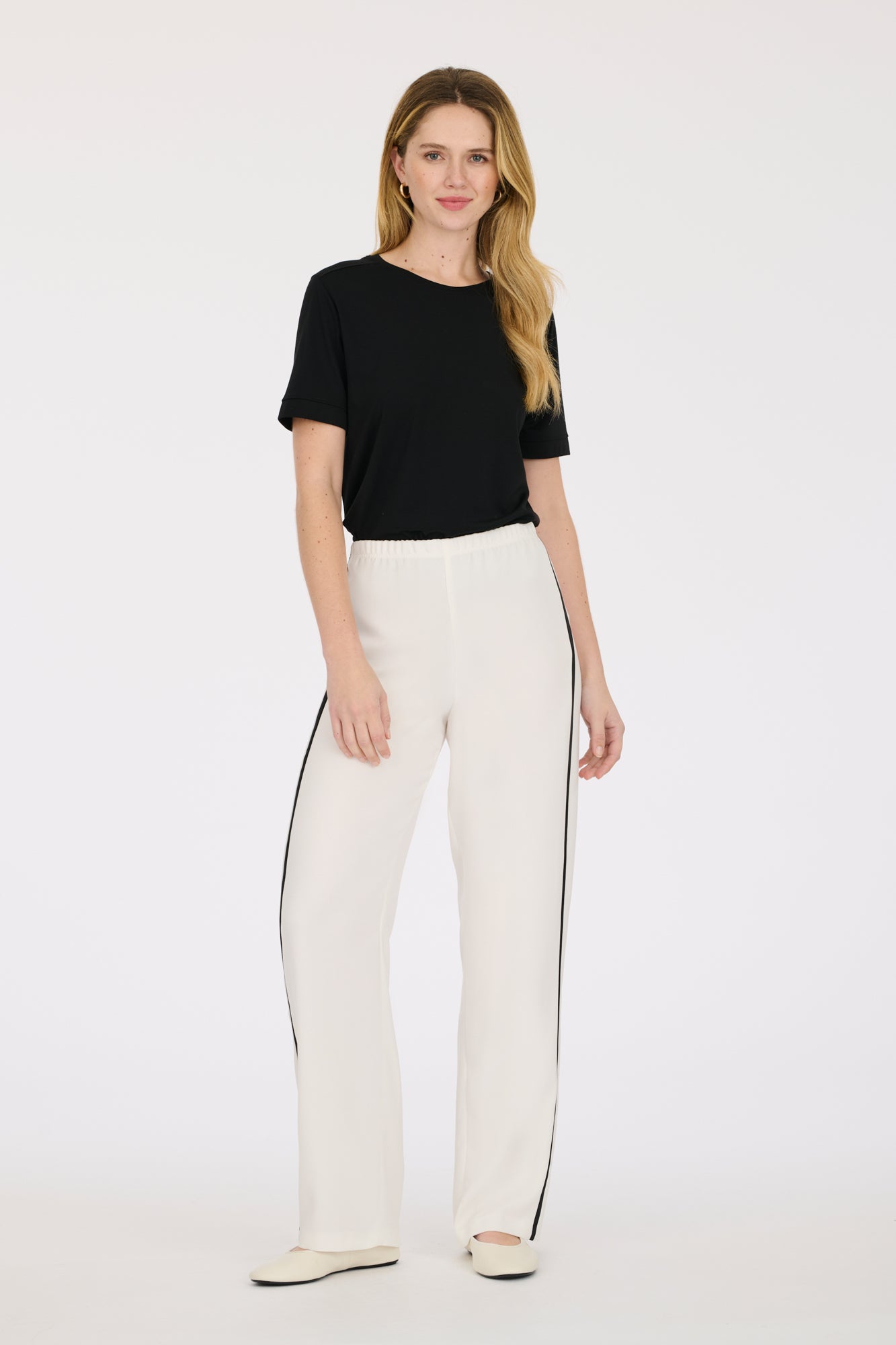 White and black elasticated tuxedo trousers