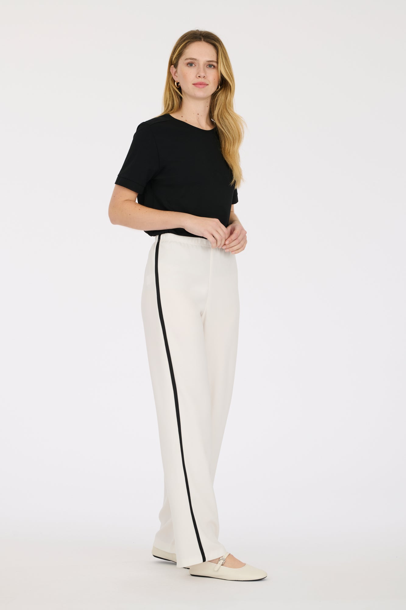 White and black elasticated tuxedo trousers