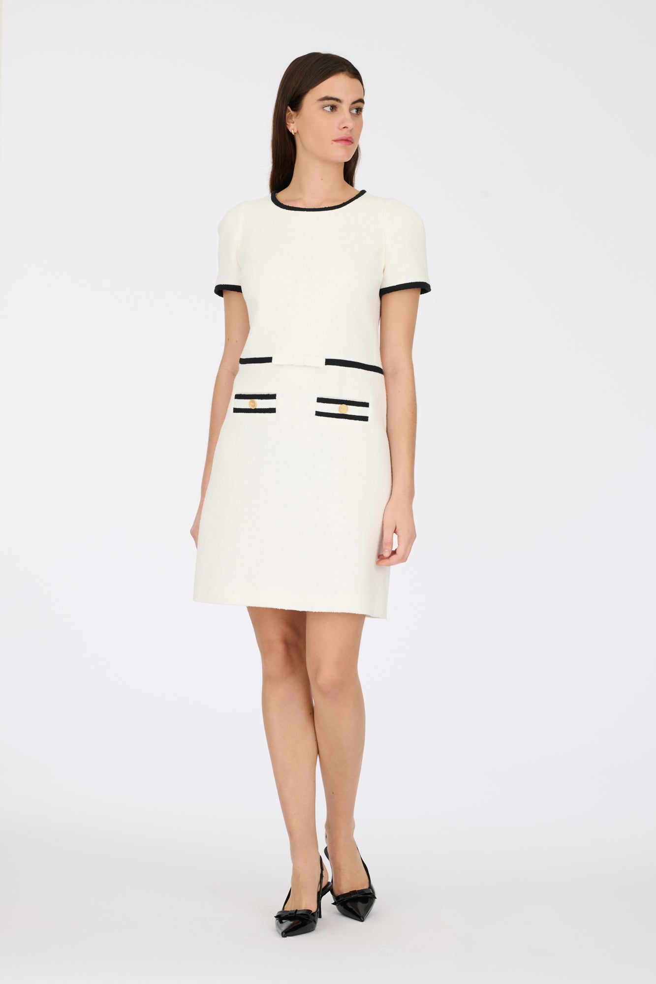 Two-tone in black/ecru boucle fabric dress