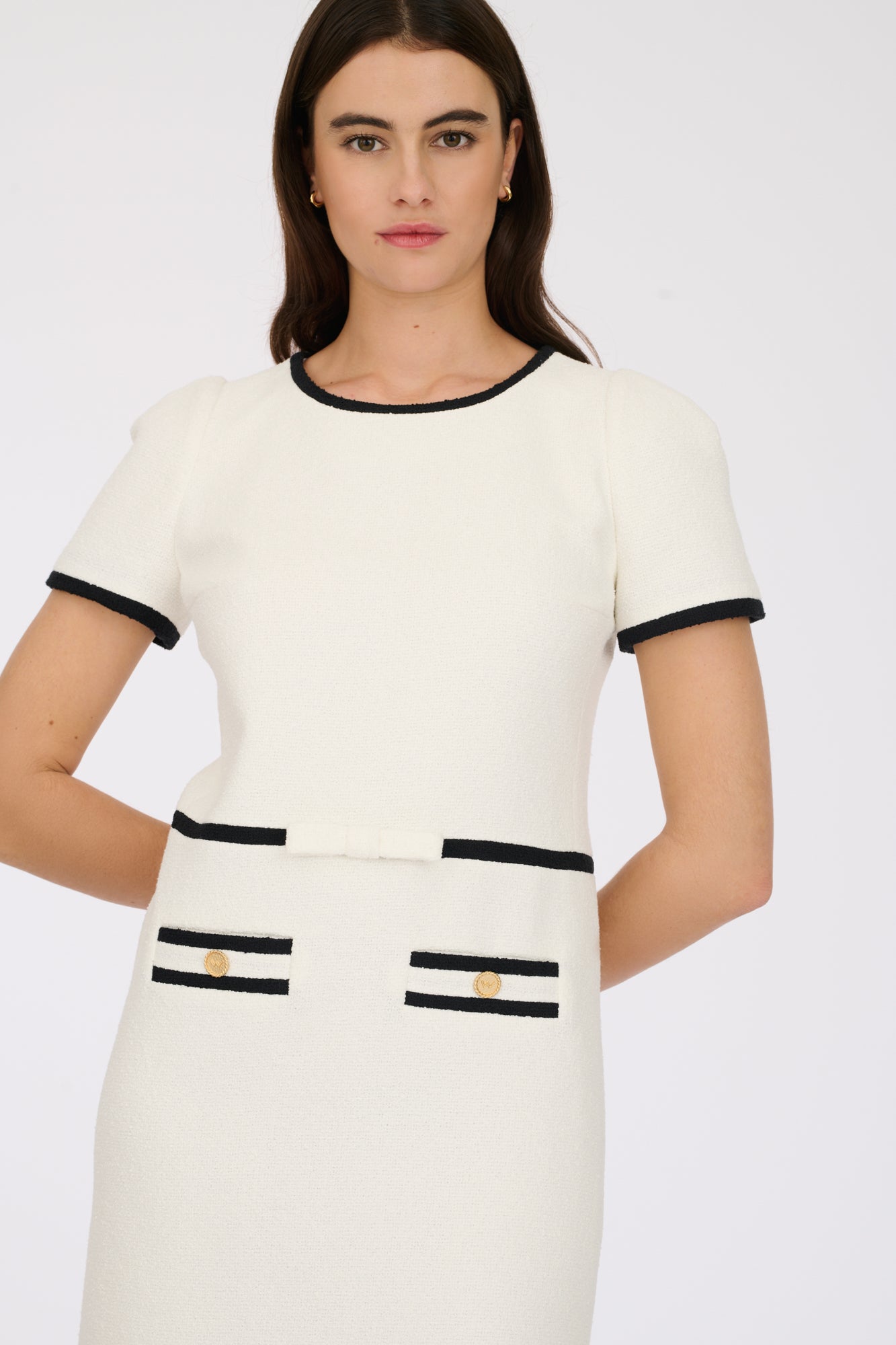 Two-tone in black/ecru boucle fabric dress