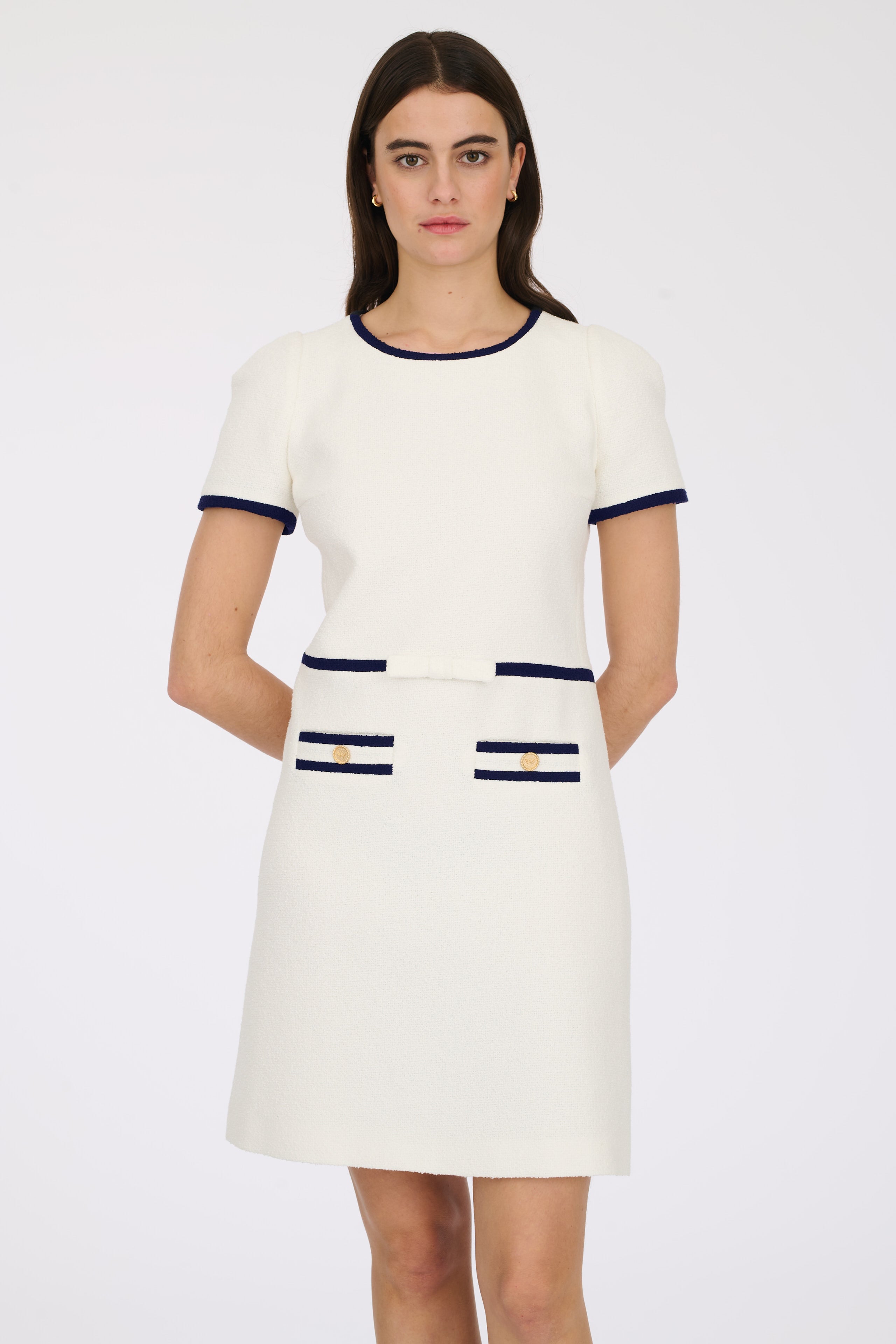 Two-tone in navy/ecru boucle fabric dress