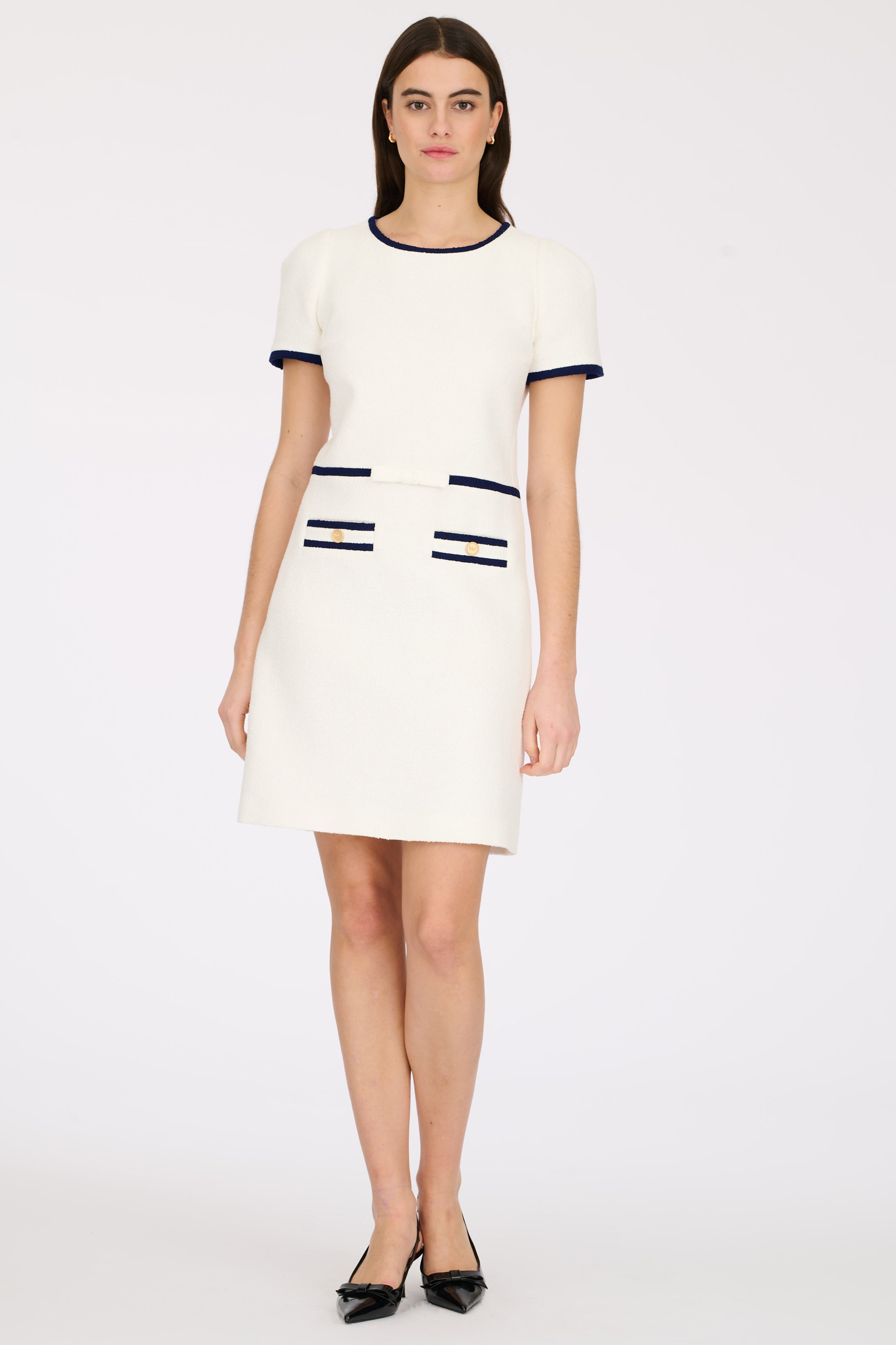 Two-tone in navy/ecru boucle fabric dress