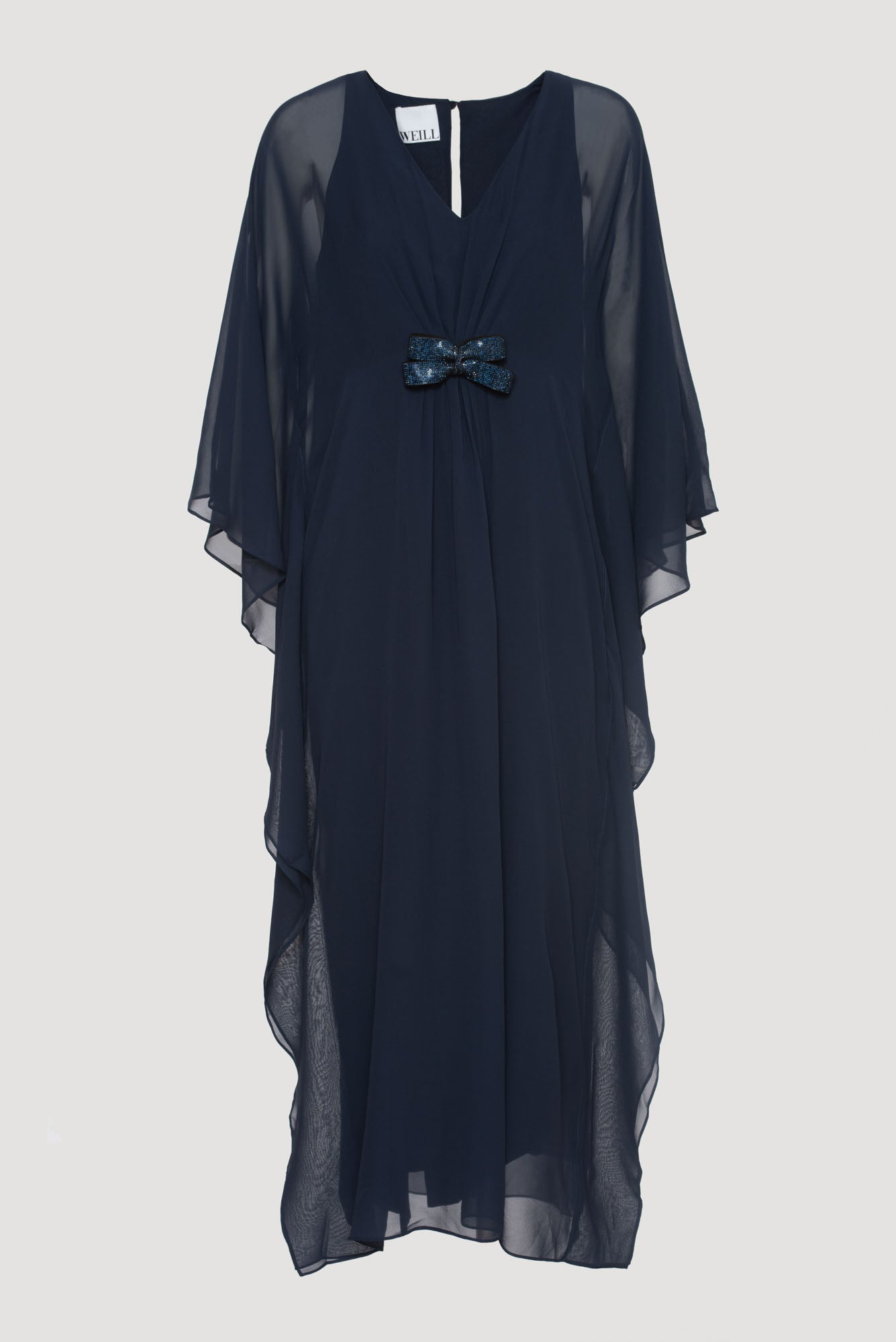 Long cocktail dress with jewelled bow