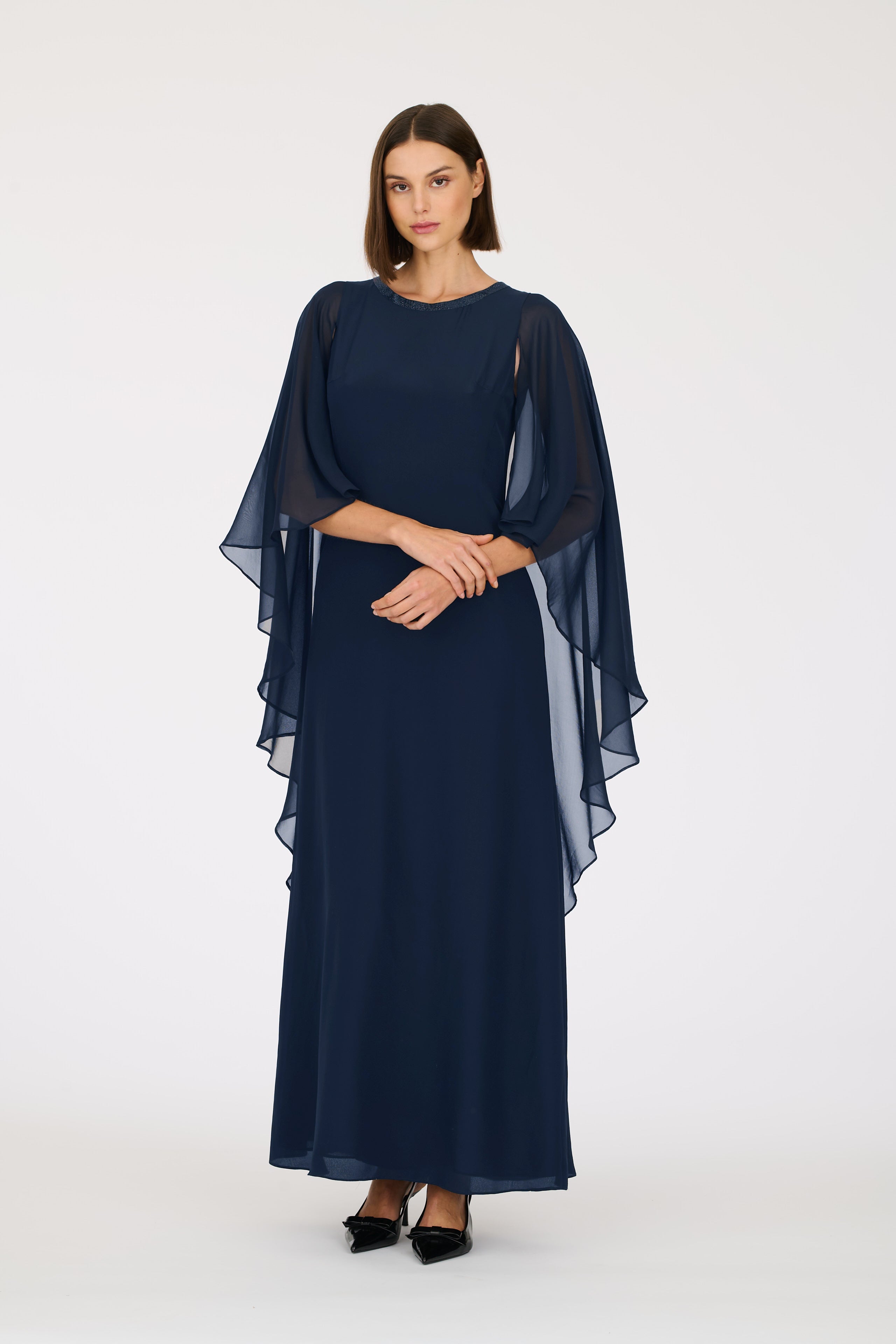 Long silk dress with ruffles