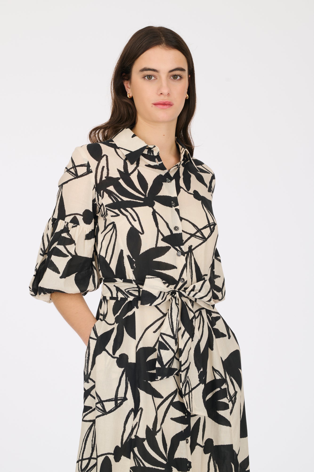 Shirt dress in printed cotton voile