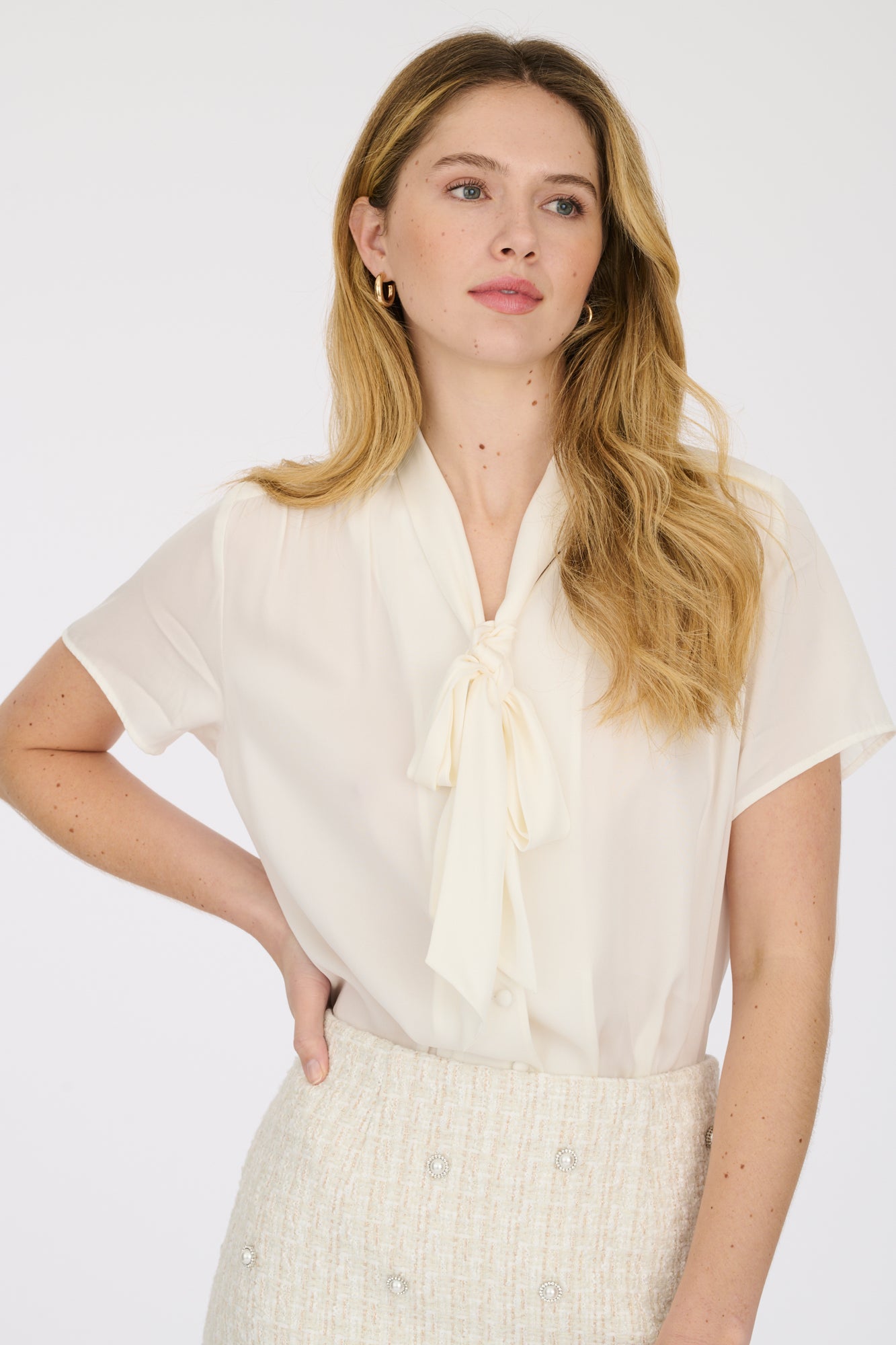 Short-sleeved pussycat bow blouse 