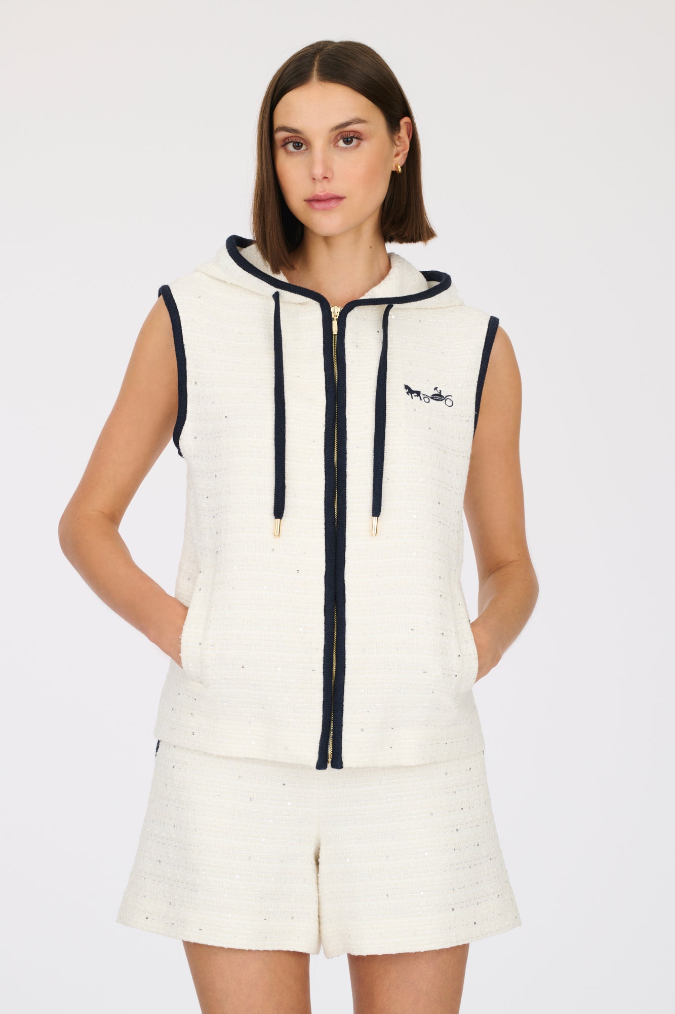 Sleeveless tweed hooded sweatshirt