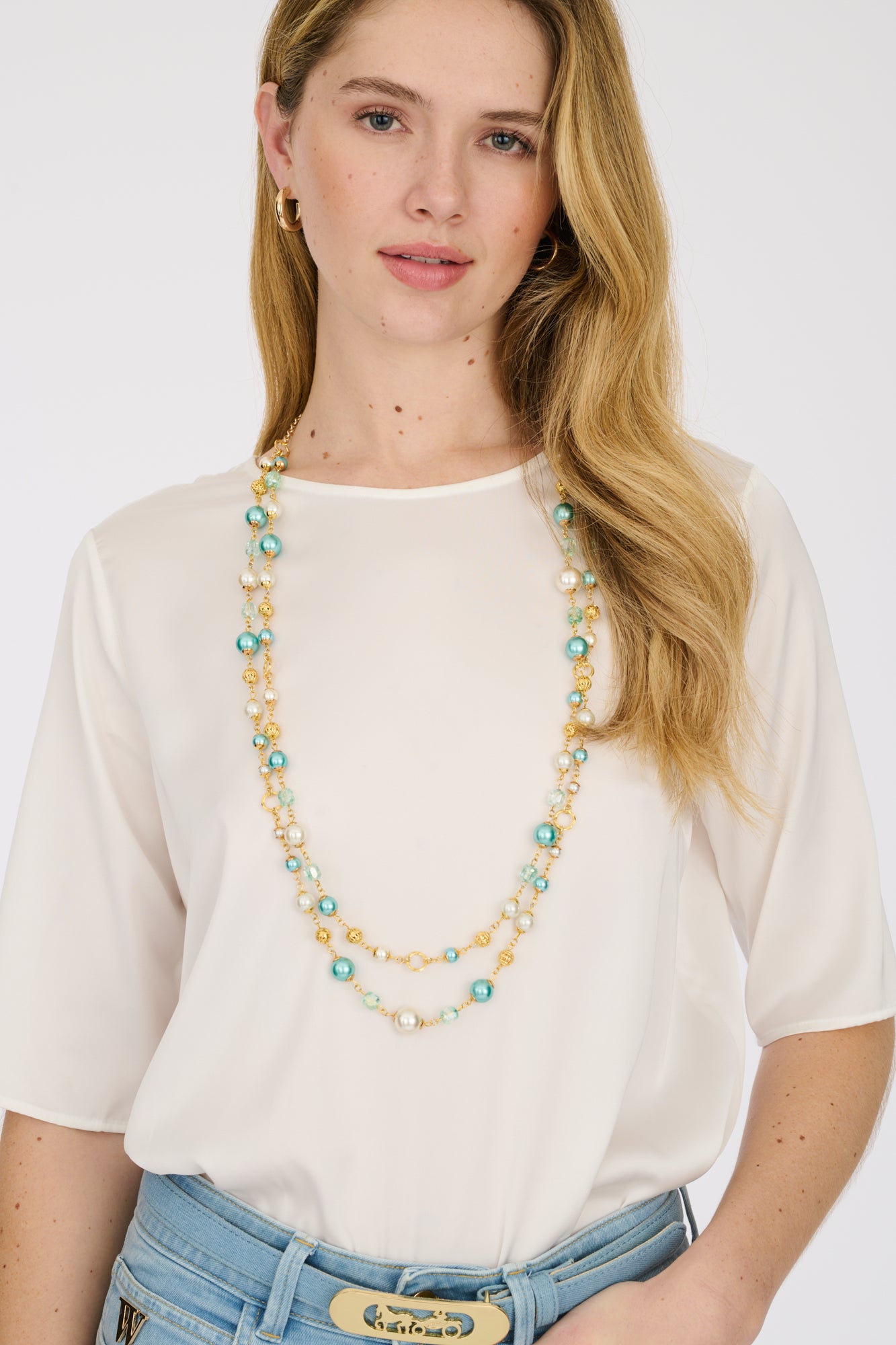 Double long necklace with pearls and stones 