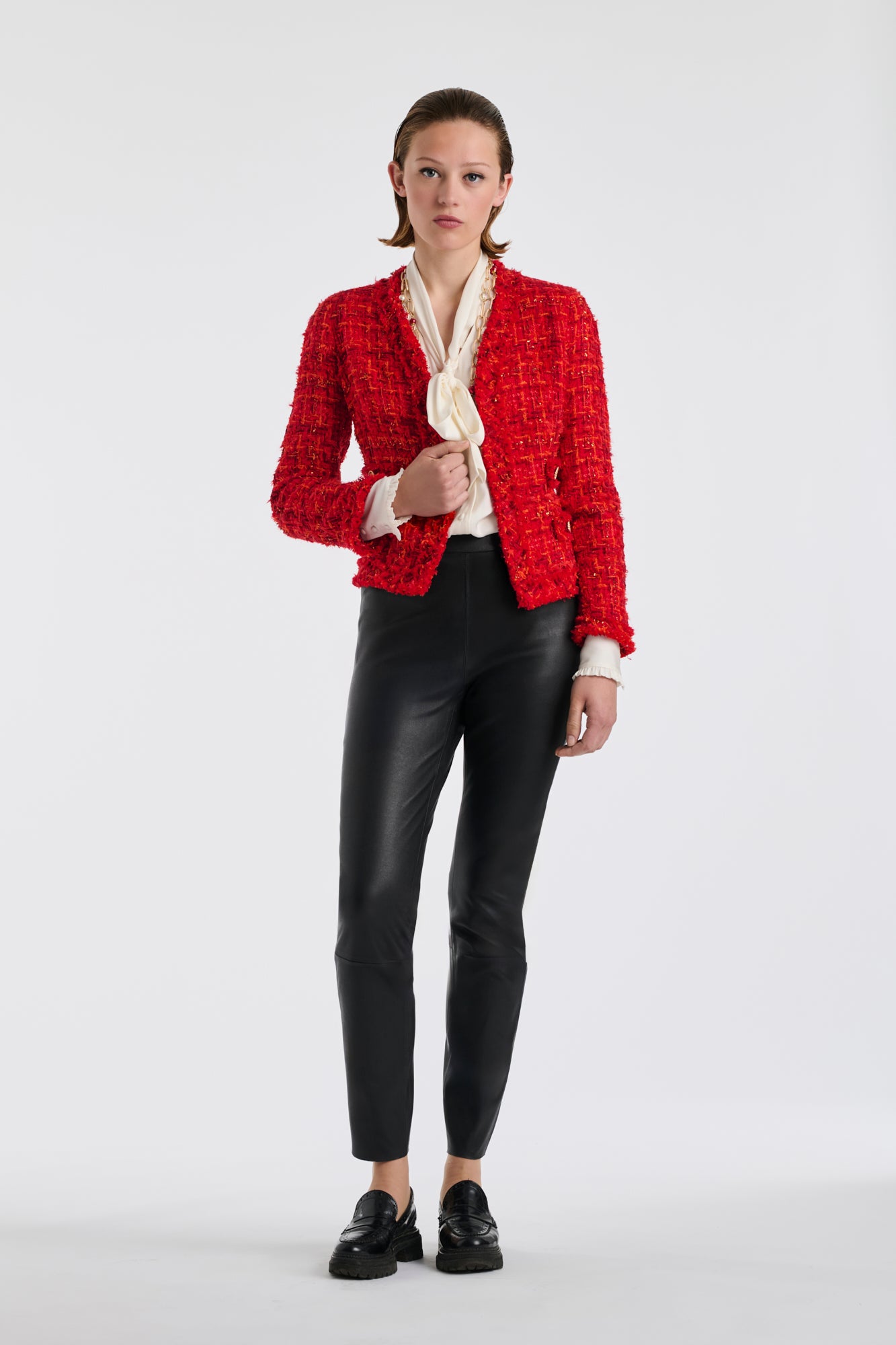 Veste en tweed frangé col v