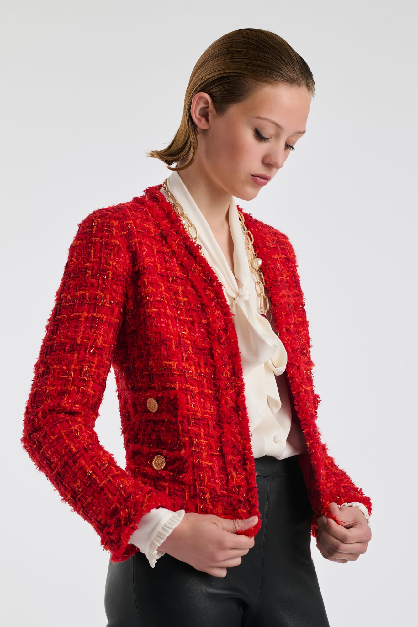 Veste en tweed frangé col v