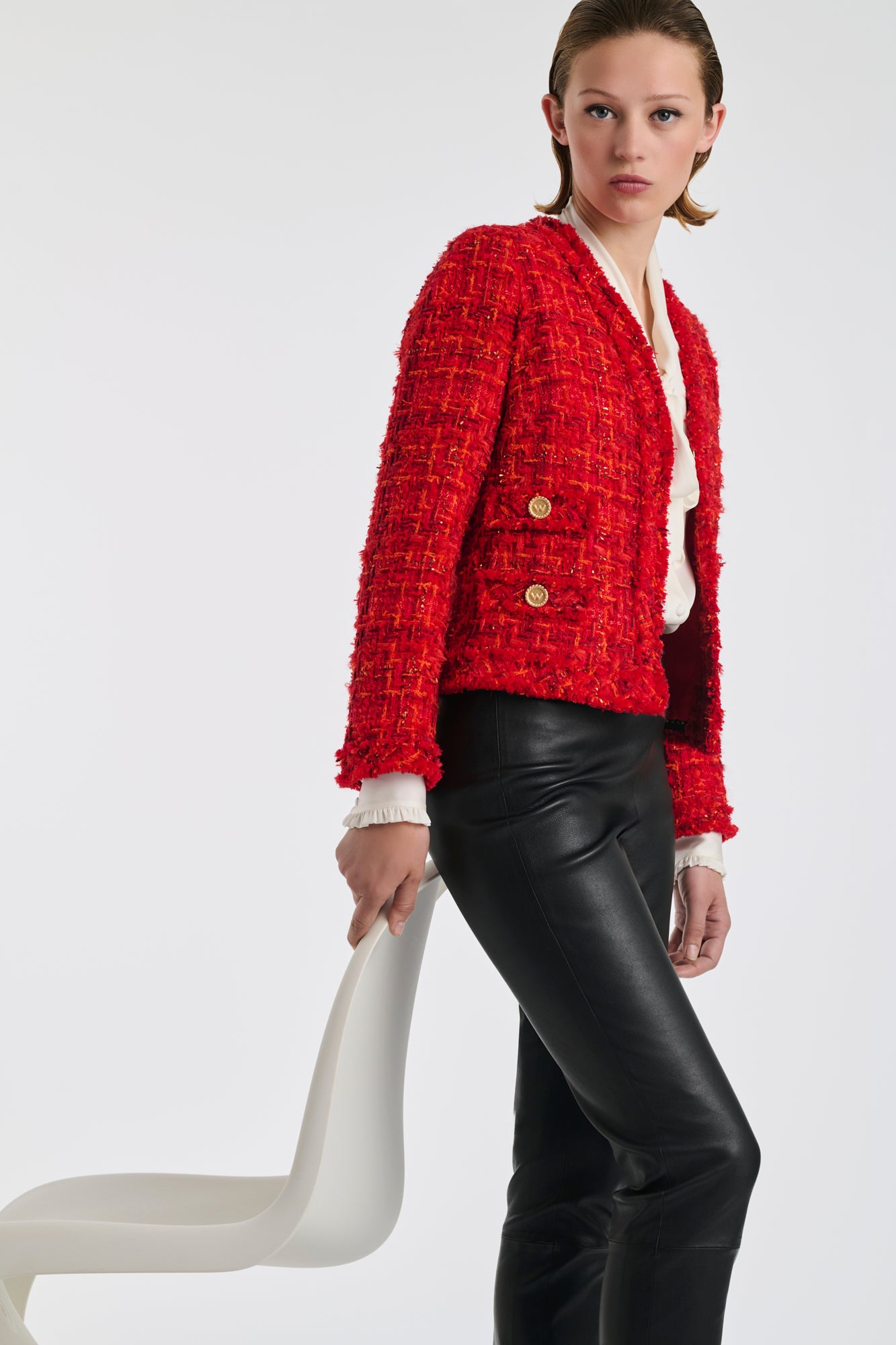 Veste en tweed frangé col v