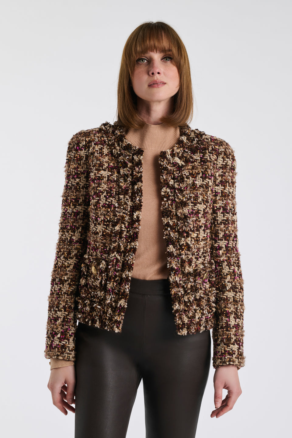Veste en tweed à carreaux frangé