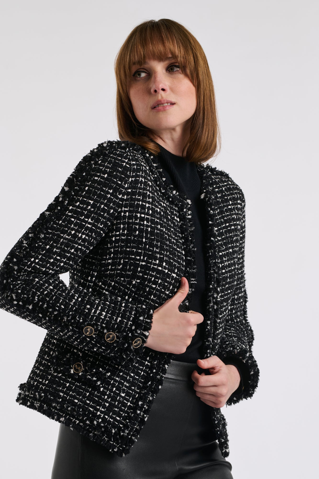 Two-tone fringed tweed jacket