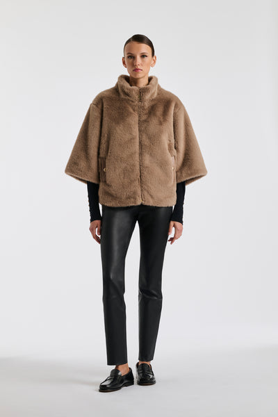 Manteau Paletot Femme Camel Avec Col En Vraie Fourrure Et Strass - Taille S/M - Laine 50% - Neuf étiqueté
