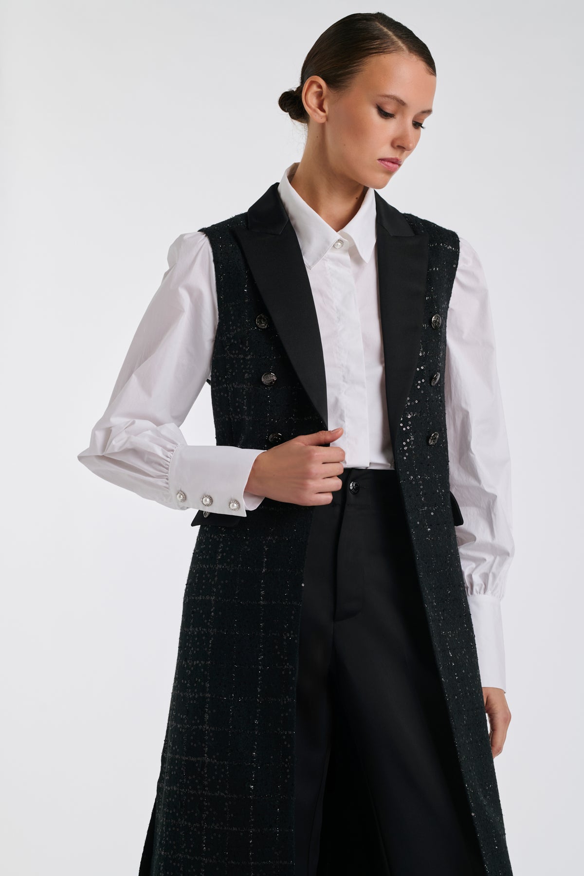 Longue veste de smocking en tweed