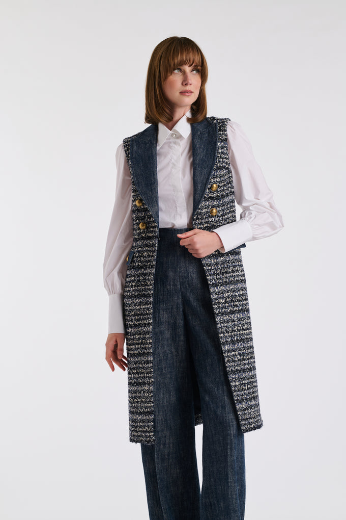 Veste longue sans manche en tweed et jean