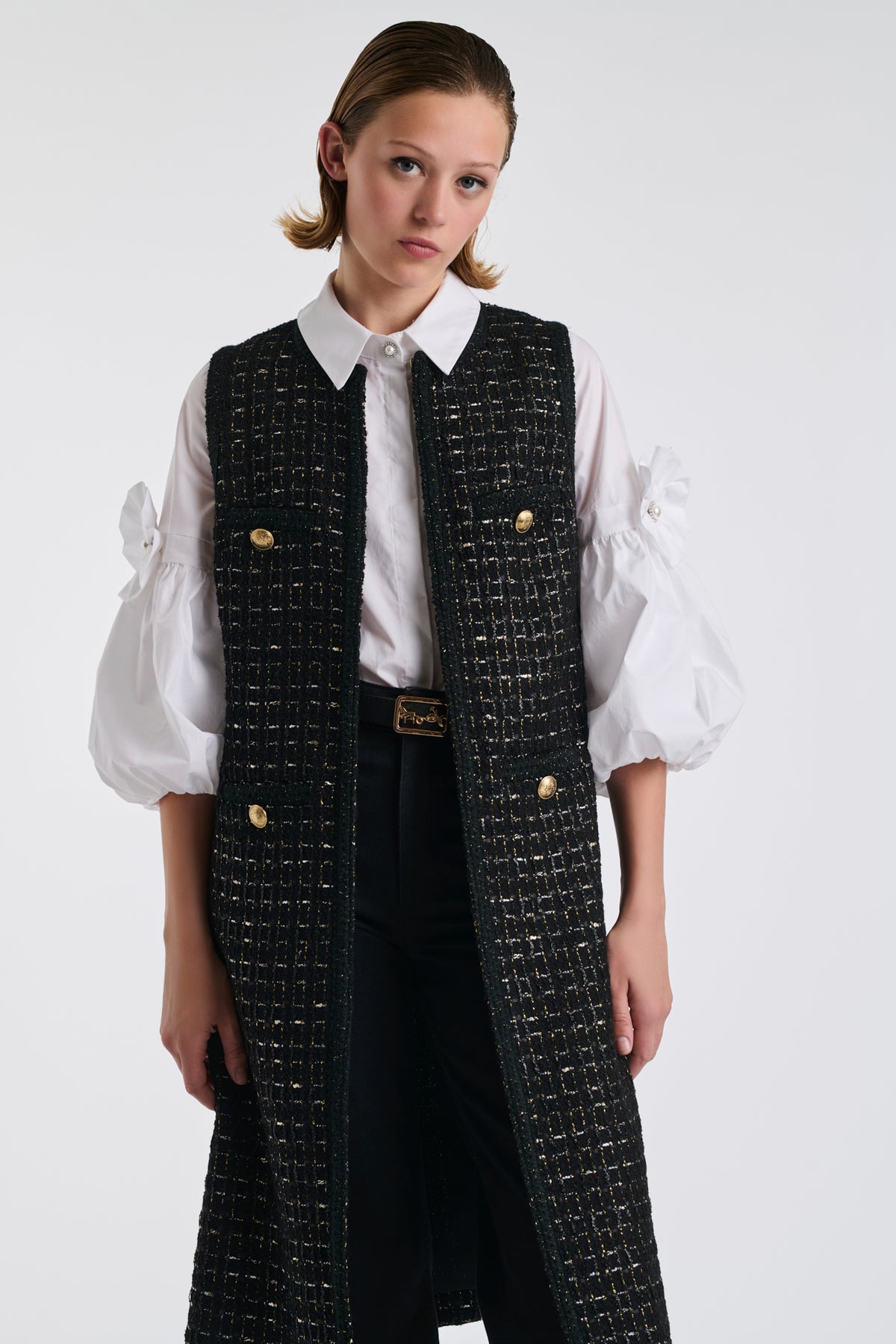 Veste longue en tweed noire et or