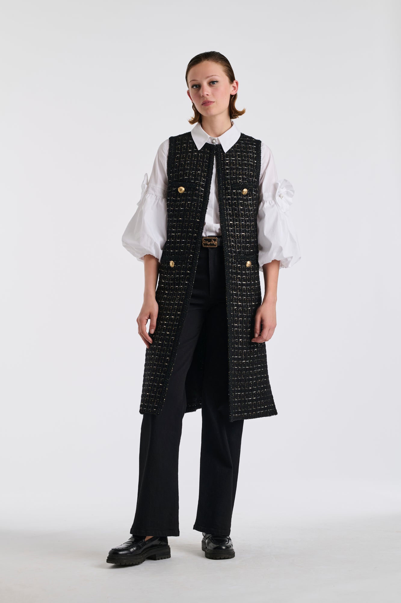 Veste longue en tweed noire et or