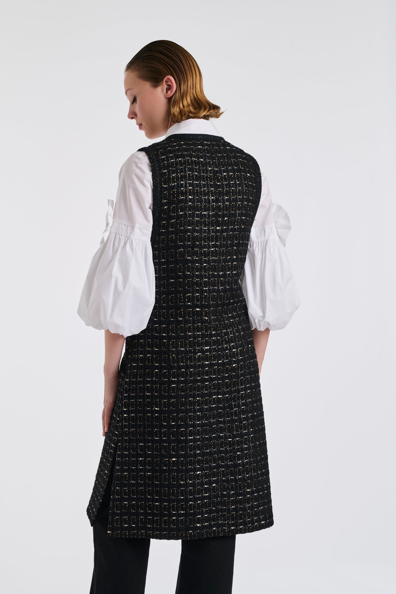 Veste longue en tweed noire et or