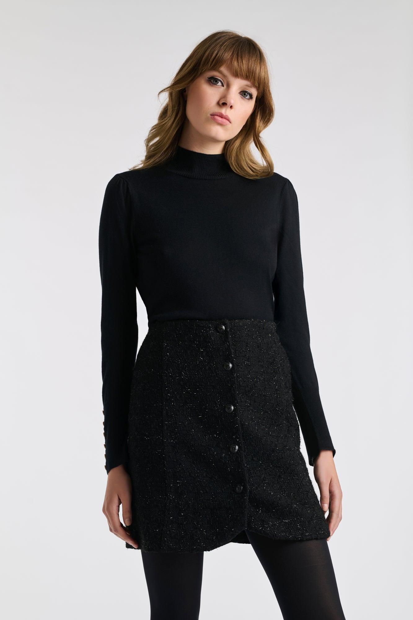 Jupe droite boutonnée en tweed