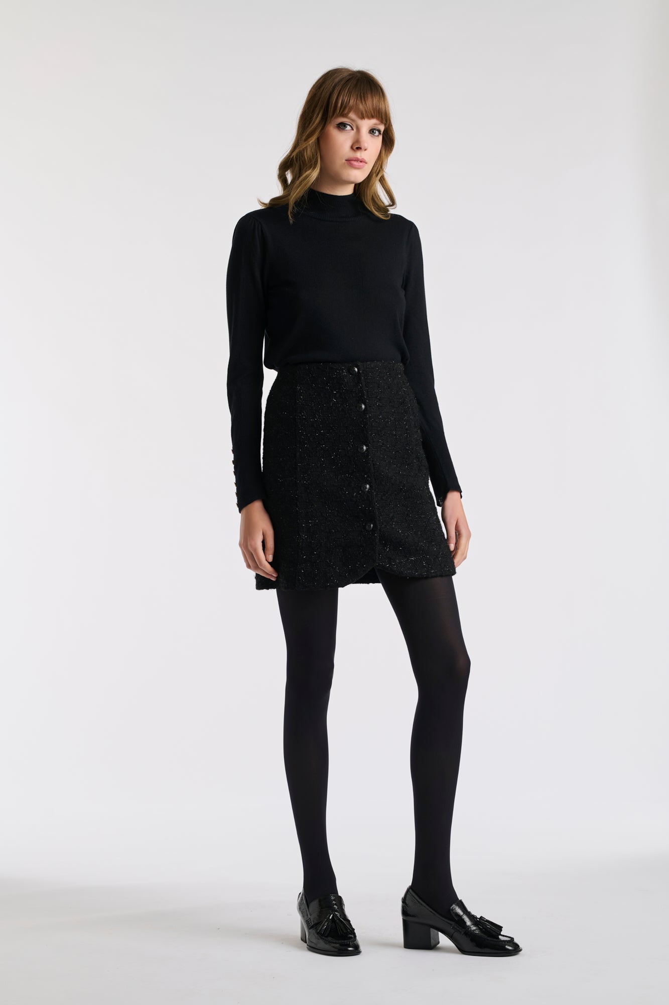 Jupe droite boutonnée en tweed