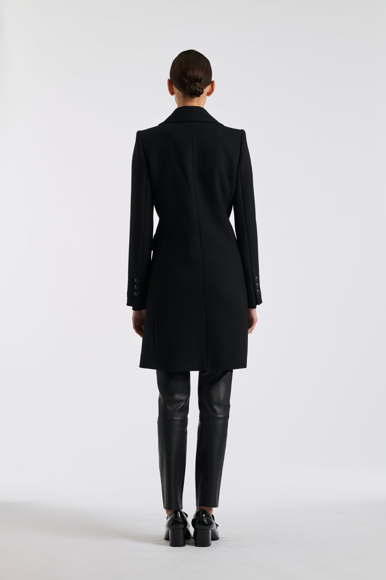 Black top-stitched wool overcoat