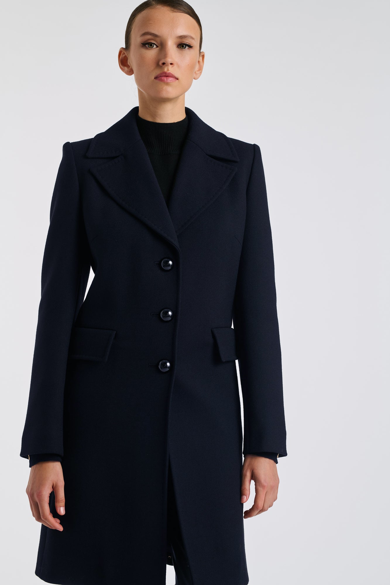 Navy top-stitched wool overcoat