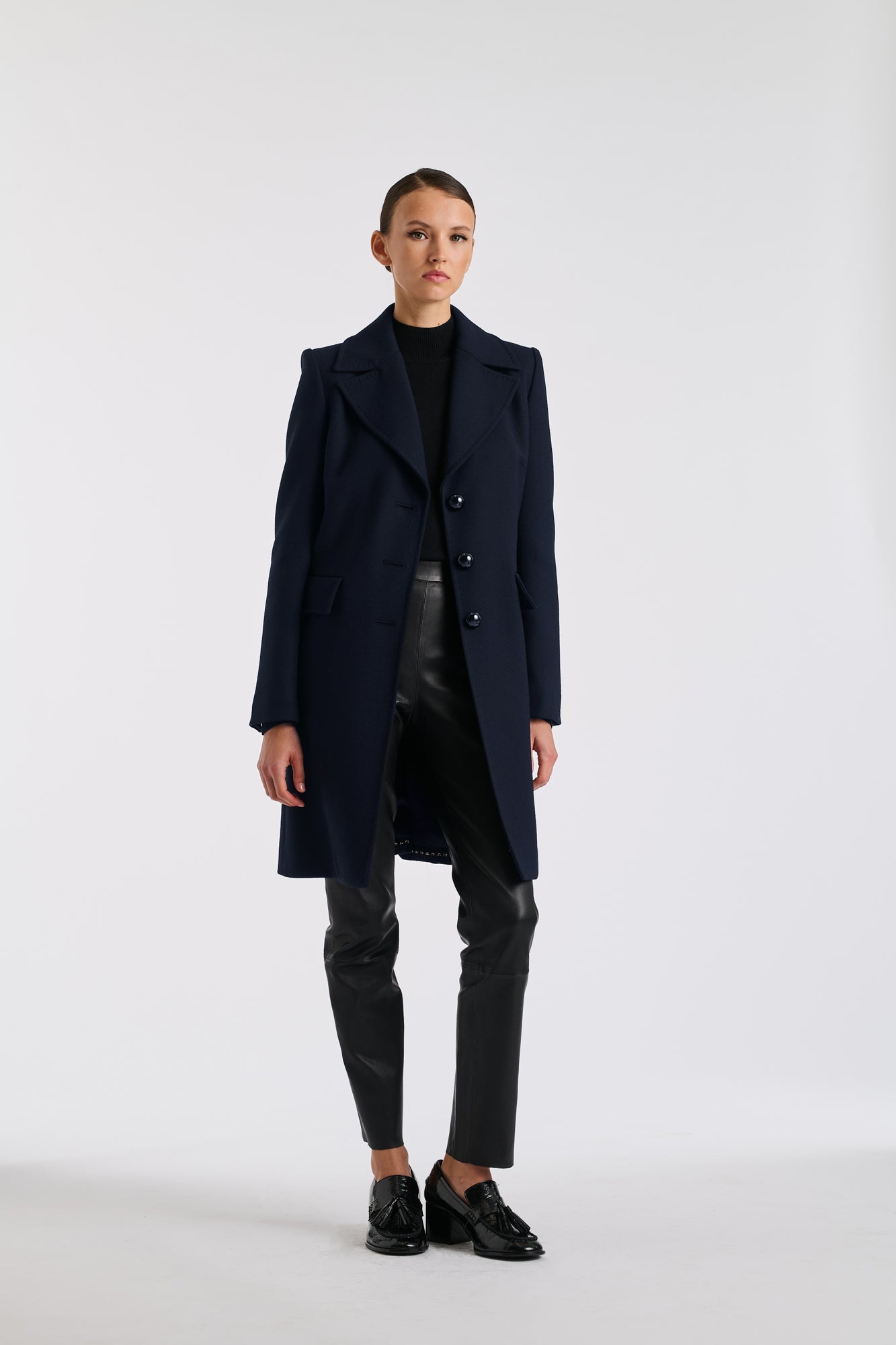 Navy top-stitched wool overcoat
