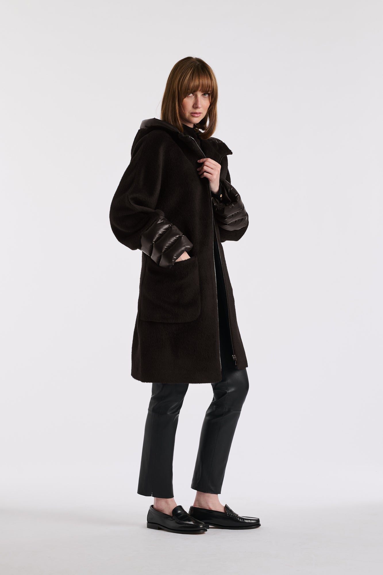 Quilted virgin wool hooded coat