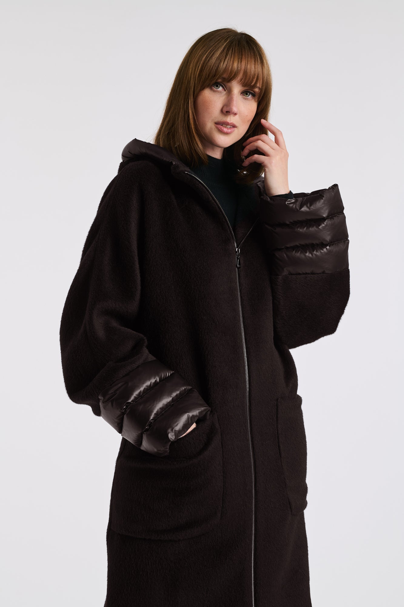 Quilted virgin wool hooded coat