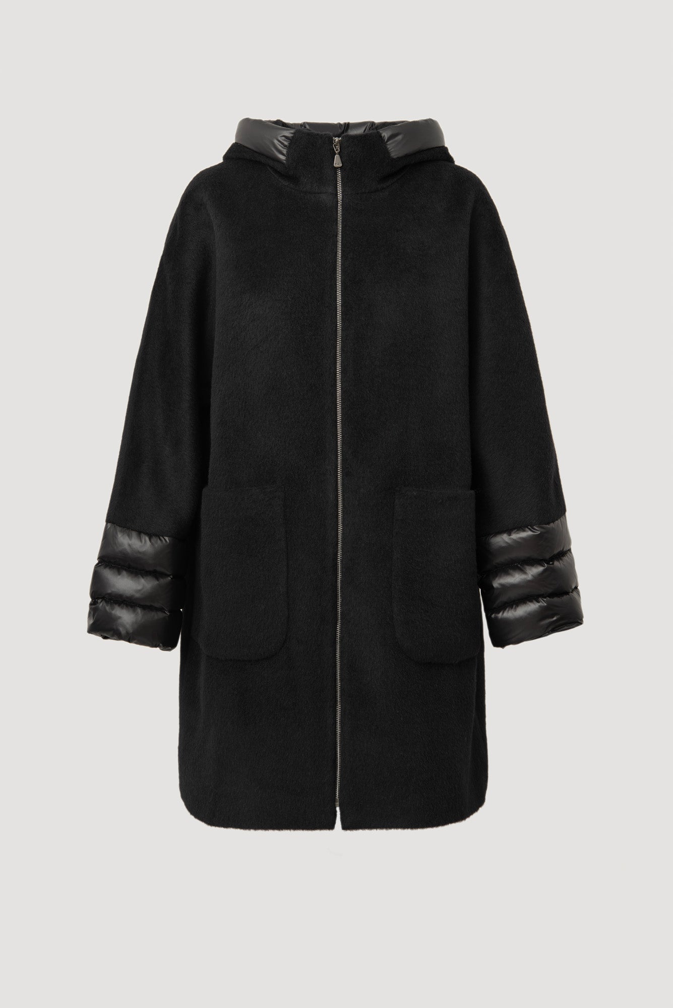 Quilted virgin wool hooded coat